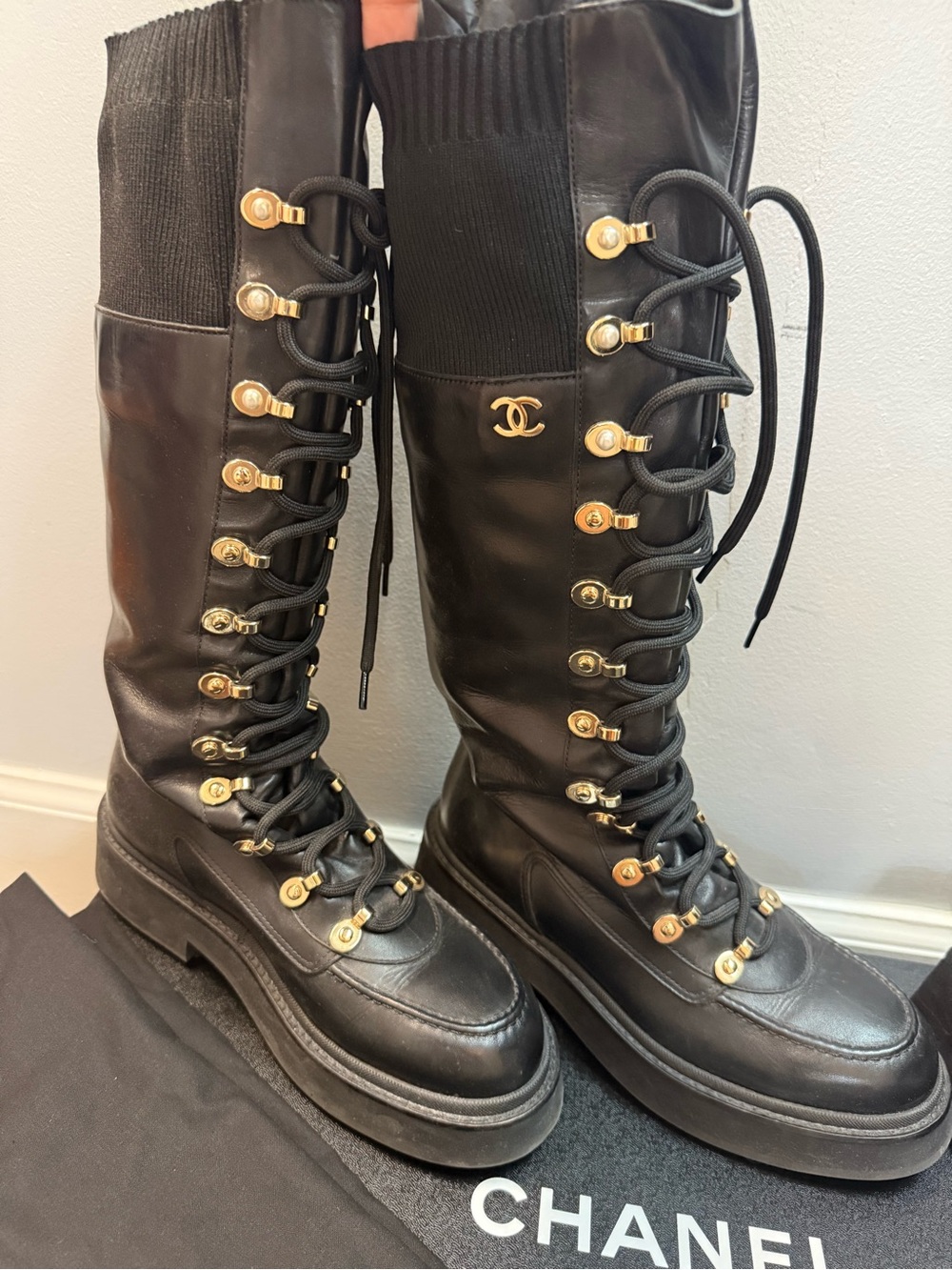 AUTHENTIC!!
RARE!!! 
Excellent. 
CHANEL Tall Black Leather Lace-Up Biker boot - Picture 3 of 8